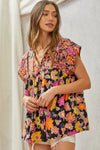 Multicolored Print Babydoll Top with Floral Embroidery