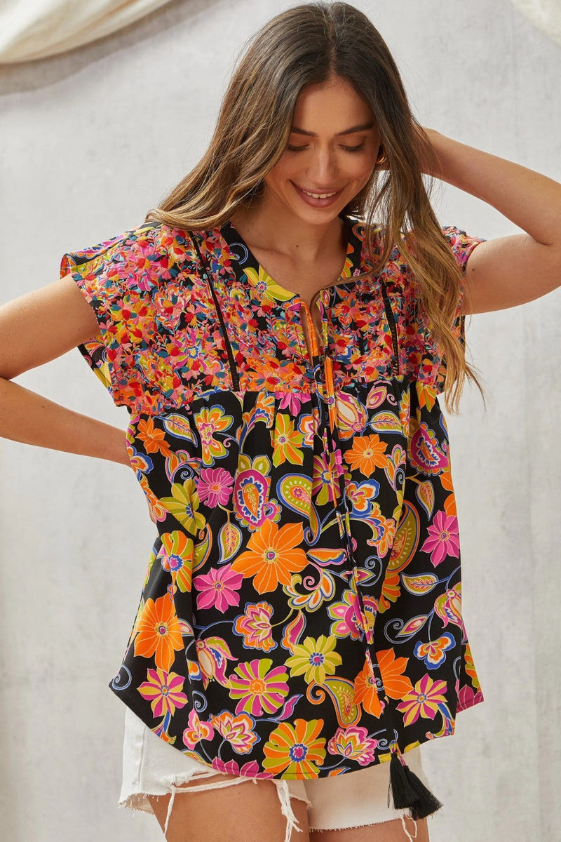 Multicolored Print Babydoll Top with Floral Embroidery