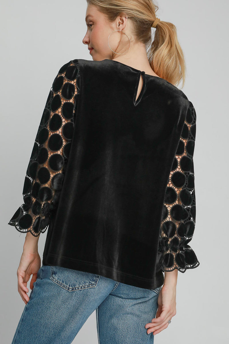 Umgee Polka Dot Lace Long Sleeve Round Neck Blouse