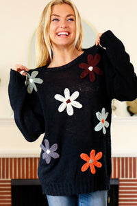 Long Sleeve Flower Patches Sweater Knit Top