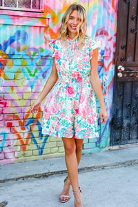 Under Your Spell Floral Smocked Flutter Sleeve Ruffle Mini Dress