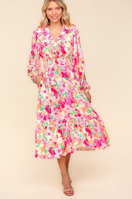 Haptics Full Size Floral Surplice Balloon Sleeve Dress with Side Pockets