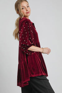 Umgee Pearl Detail Collared Neck Velvet Babydoll Blouse