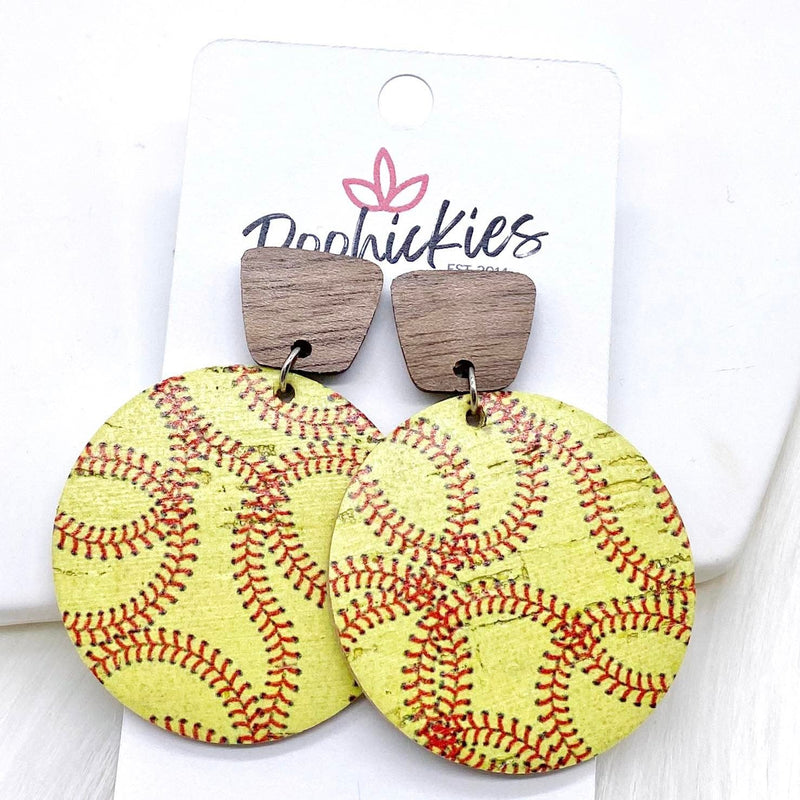 2" Walnut & Baseball/Softball Piggyback Corkies -Sports Earrings