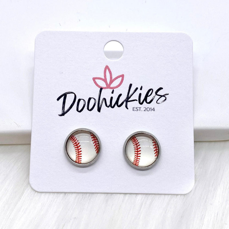 Vintage Baseball in Stainless Steel Settings -Sports Earrings