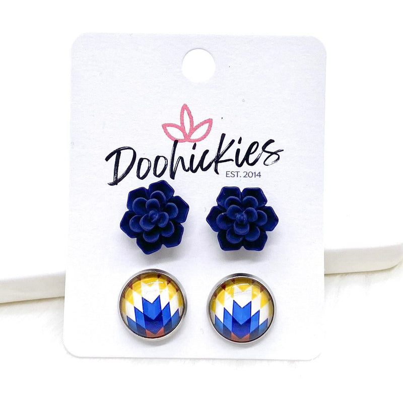 12mm Navy Succulents & Starburst in Stainless Steel Settings -Fall Stud Earrings