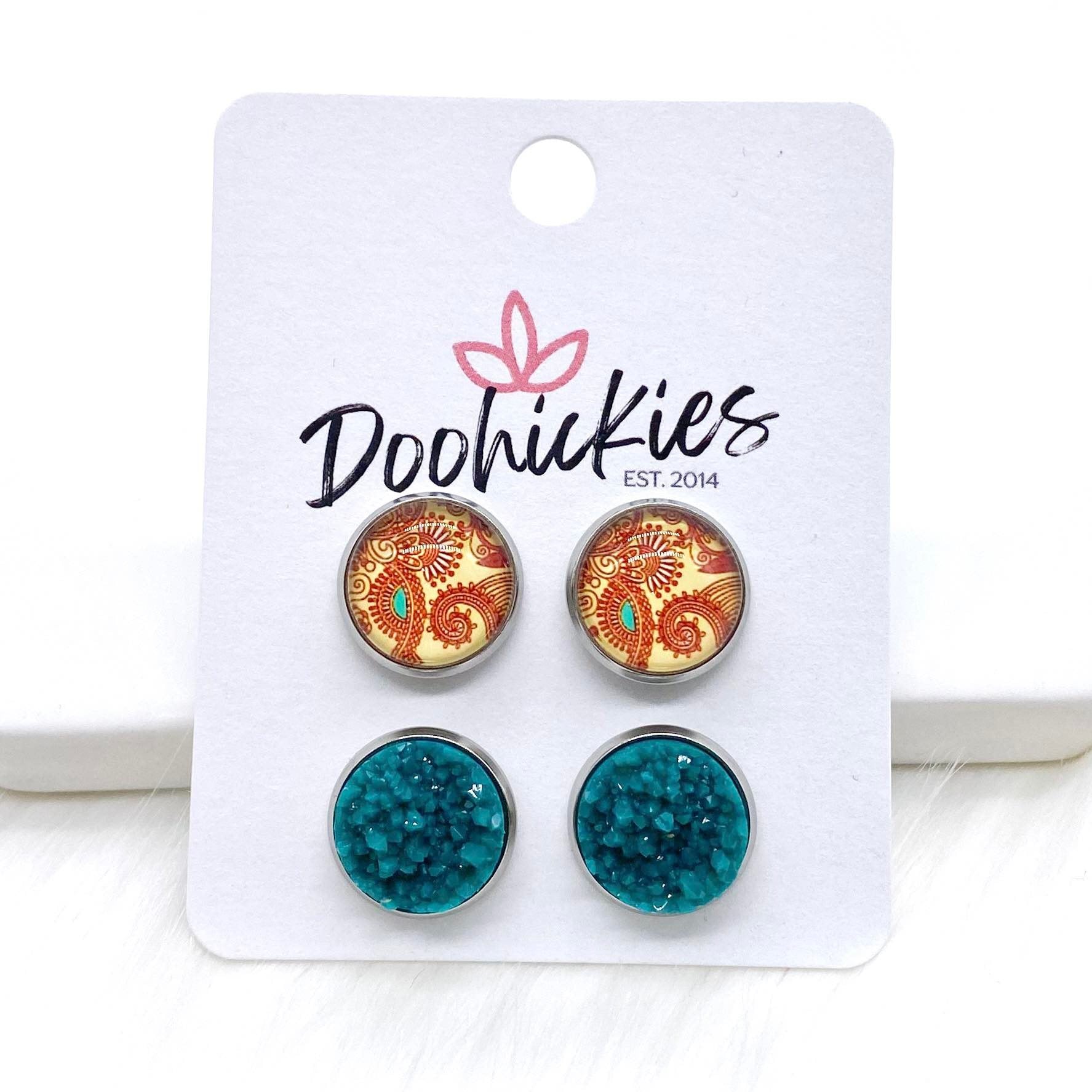 12mm Red Paisley & Teal Crystals in Stainless Steel Settings -Fall Stud Earrings