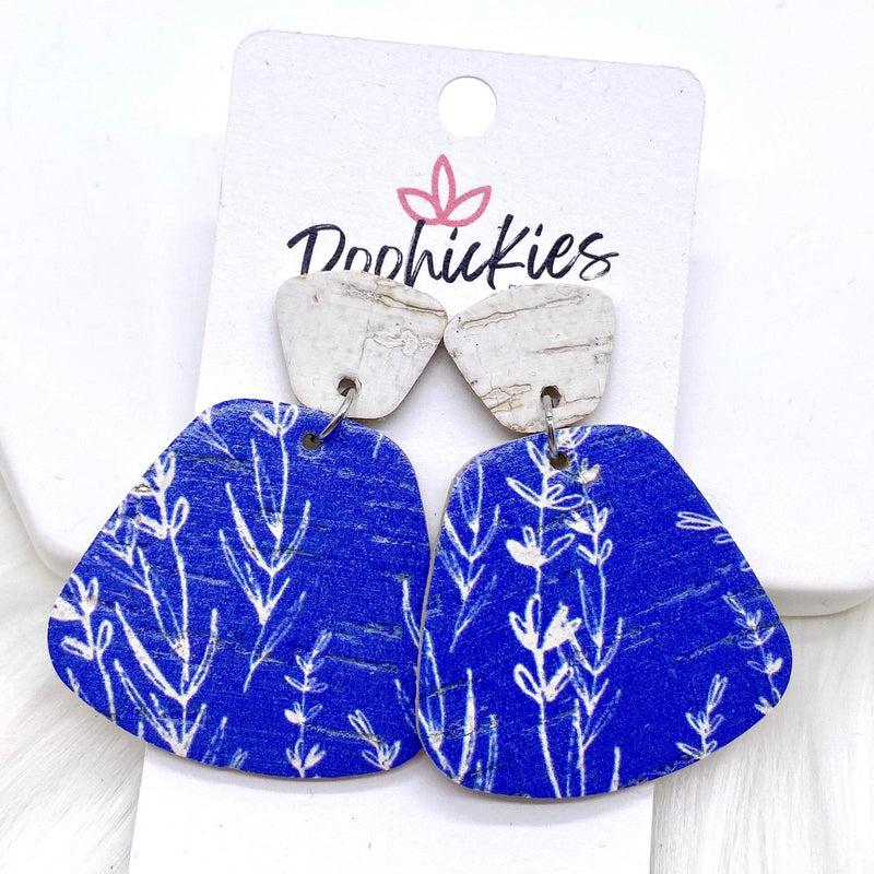 2" White Linen & Royal Blue Floral Jasmine Dangles -Earrings