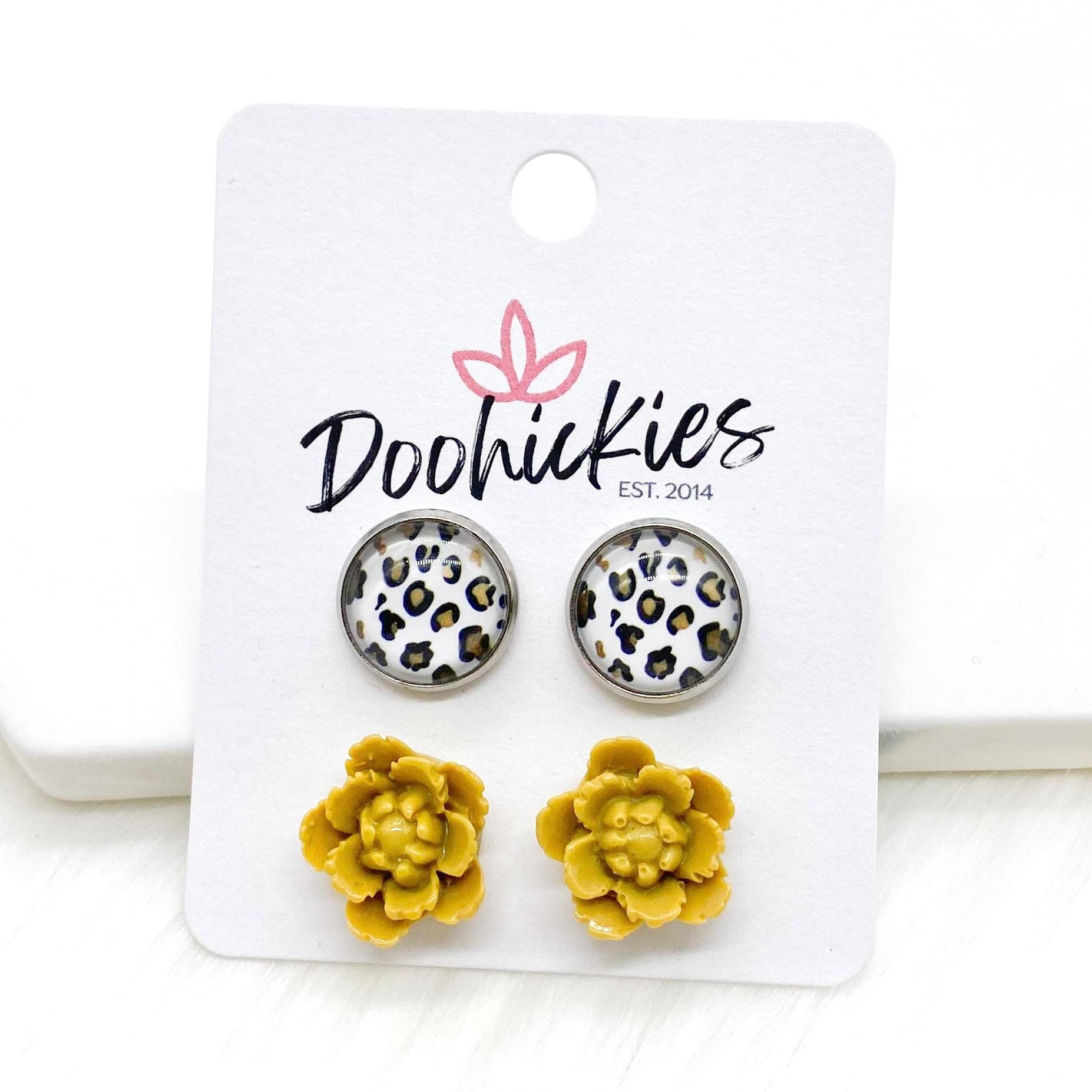12mm Gilded Leopard & Yellow Flowers in Stainless Steel Settings -Earrings