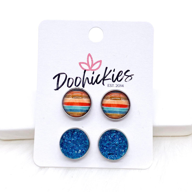 12mm Fall Lines & Teal Blue Sparkles in Stainless Steel Settings -Fall Stud Earrings
