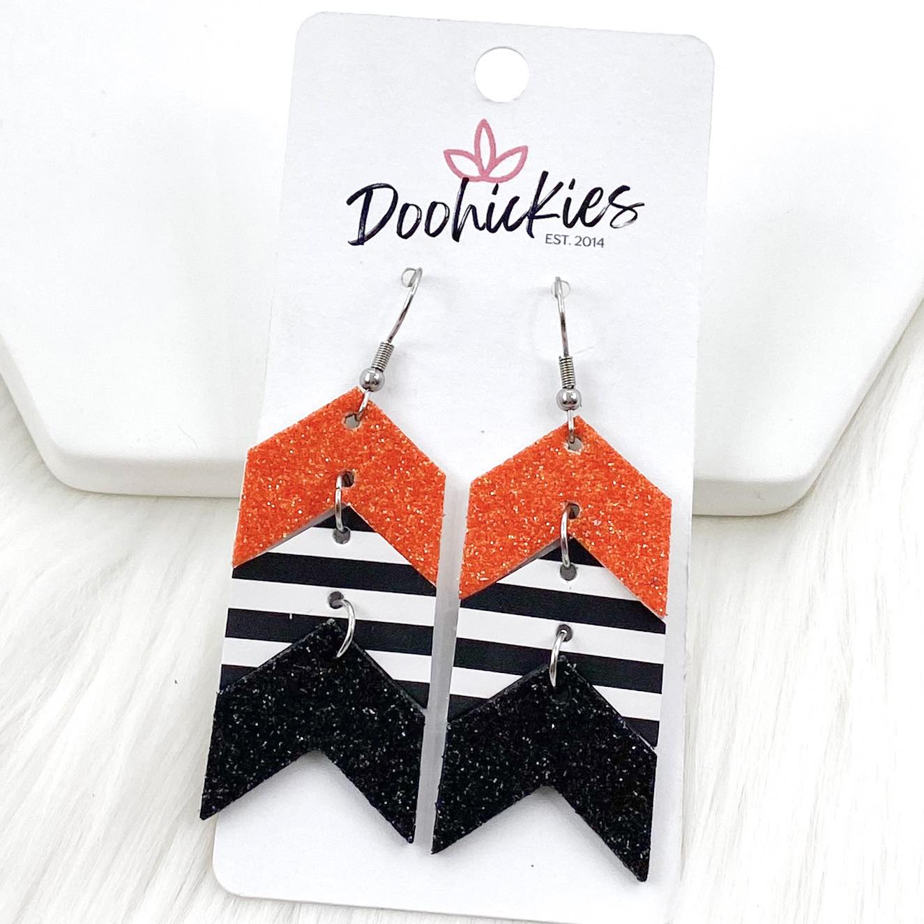 2.5" Glitter Orange/Stripes/Glitter Black Mini Arrows -Halloween Earrings