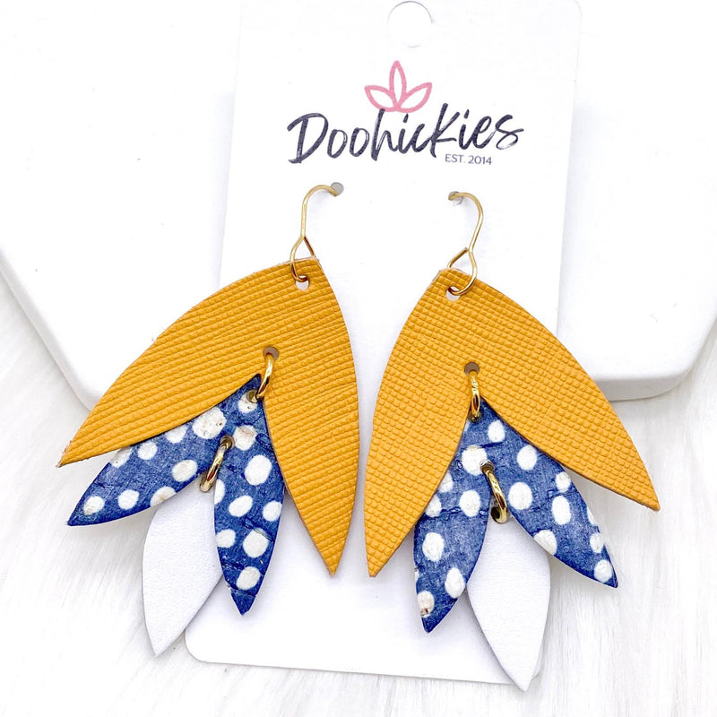 2.5" Mustard Saffiano/Navy Dots/White Chopper -Fall Leather Earrings