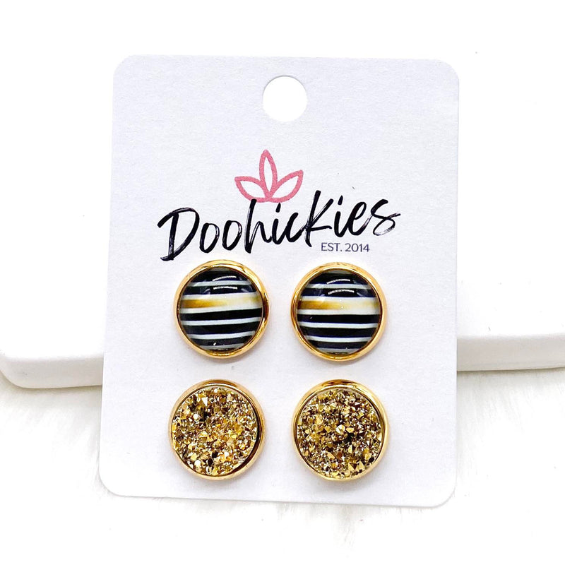 12mm Ombre Gold Stripe & Gold in Gold Settings -Fall Earrings
