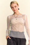 Davi & Dani Sparkling Rhinestone Sheer Mesh Round Neck Top