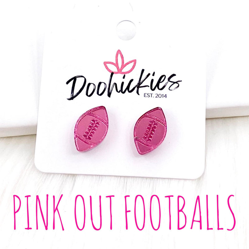 12mm Pink Out Mirror Football Studs - Breast Cancer Awareness Earrings