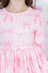 Blushing Bows 3/4 Sleeve Pocket Twirl Dress