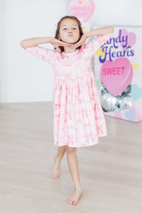 Blushing Bows 3/4 Sleeve Pocket Twirl Dress