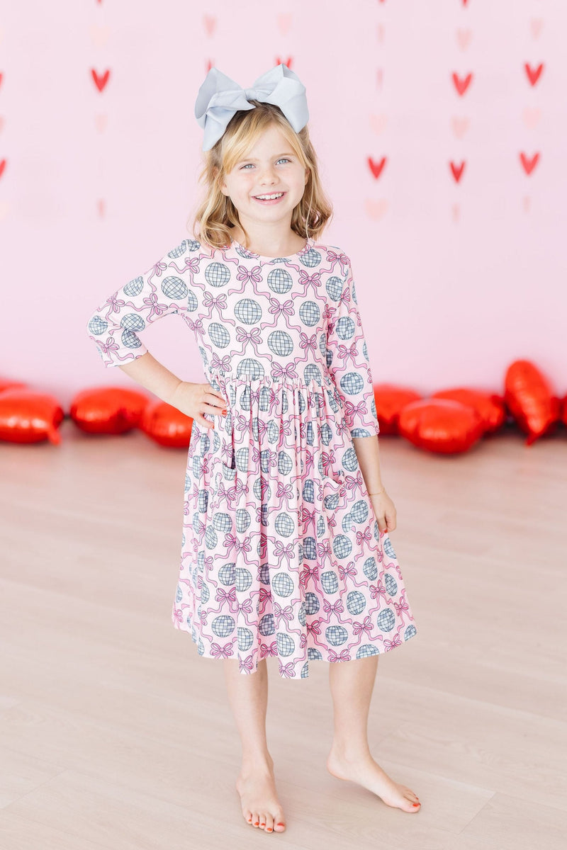 Disco Bows 3/4 Sleeve Pocket Twirl Dress