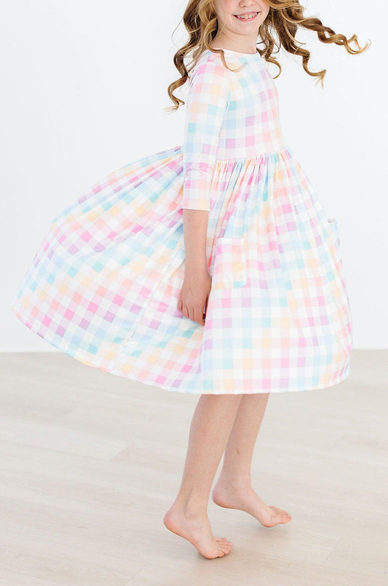 Pastel Plaid 3/4 Sleeve Pocket Twirl Dress