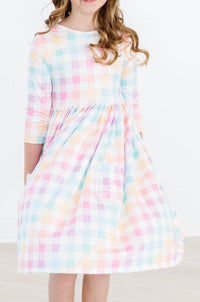 Pastel Plaid 3/4 Sleeve Pocket Twirl Dress