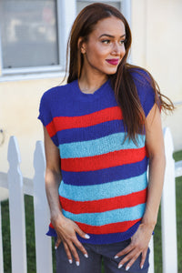 Forget Me Not Royal Blue Stripe Short Sleeve Dolman Sweater