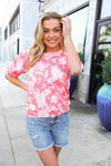 Spring Vibes Coral Wavy Rib Puff Short Sleeves Floral Top