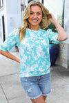 Spring Vibes Mint Wavy Rib Puff Short Sleeves Floral Top