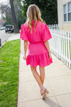 Star Struck Fuchsia Notched Neck Balloon Sleeve Sash Belt Mini Dress