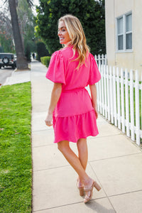 Star Struck Fuchsia Notched Neck Balloon Sleeve Sash Belt Mini Dress