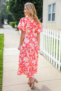 Hello Beautiful Coral Elastic V Neck Tiered Big Floral Maxi Dress