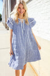 Beautiful You Blue Checker Gingham Tie Front Double Ruffle Sleeve Midi Dress