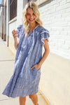 Beautiful You Blue Checker Gingham Tie Front Double Ruffle Sleeve Midi Dress
