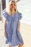 Beautiful You Blue Checker Gingham Tie Front Double Ruffle Sleeve Midi Dress