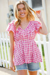 Hello Beautiful Fuchsia Plaid V Neck Ruffle Elastic Babydoll Top