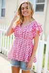 Hello Beautiful Fuchsia Plaid V Neck Ruffle Elastic Babydoll Top
