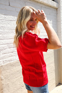 Patriotic USA Red Knit Embroidery Puff Sleeve Sweater Top