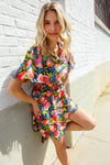 Sunny Days Floral Print Smocked Waist Back Neck Button Romper