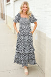 Look My Way Black/White Abstract Print Smocked Neck Maxi Dress