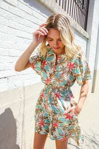 Get Whimsical Tropical Print Smocked Waist Neck Button Romper