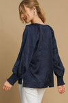 Umgee Wrinkled Round Neck Lantern Sleeve Blouse