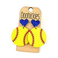 1.9" Custom I Heart Softball Dangles - Sports Earrings