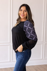 Black Top with Aztec Lace Puff Sleeve