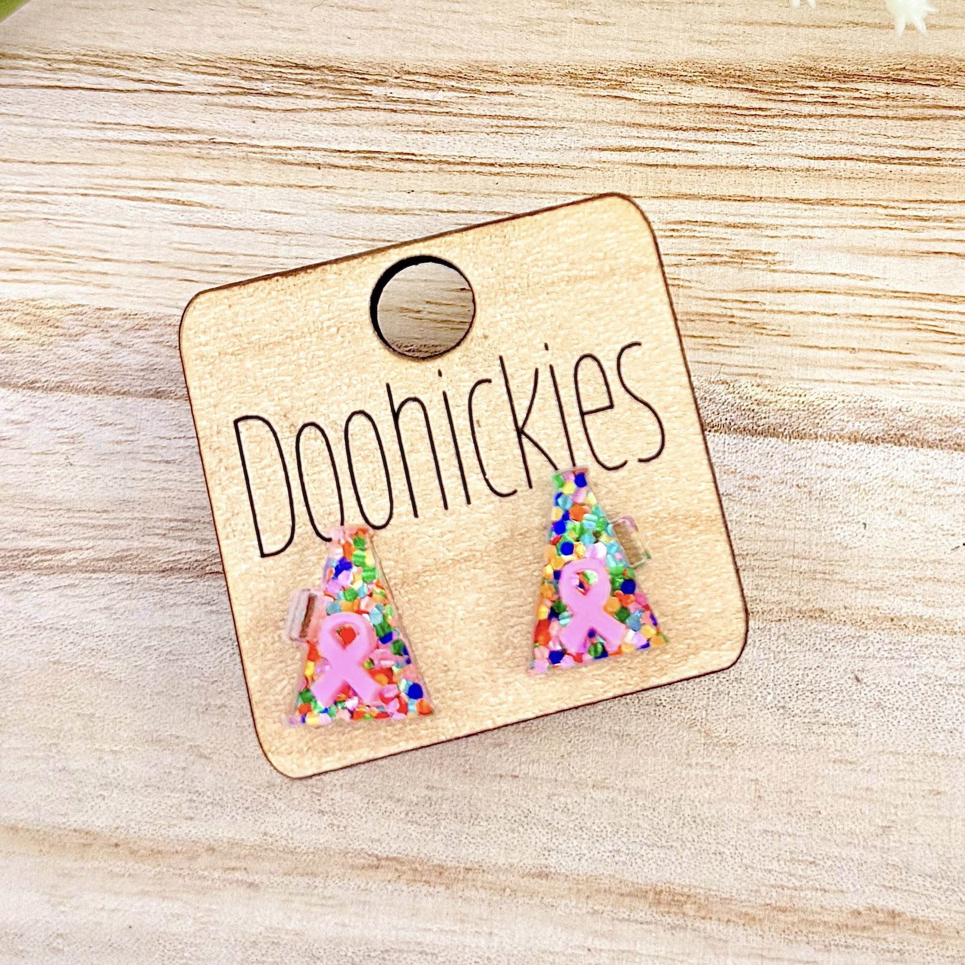 Pink Out Daisy Glitter Ribbon Megaphone Earring Collection - Breast Cancer Awareness Earrings