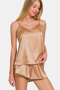 Zenana V-Neck Satin Cami and Elastic Waist Shorts Lounge Set