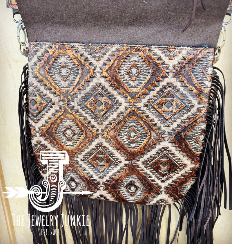One-of-a-Kind Leather Handbag w/ Flap and Braid Accent Copper Aztec
