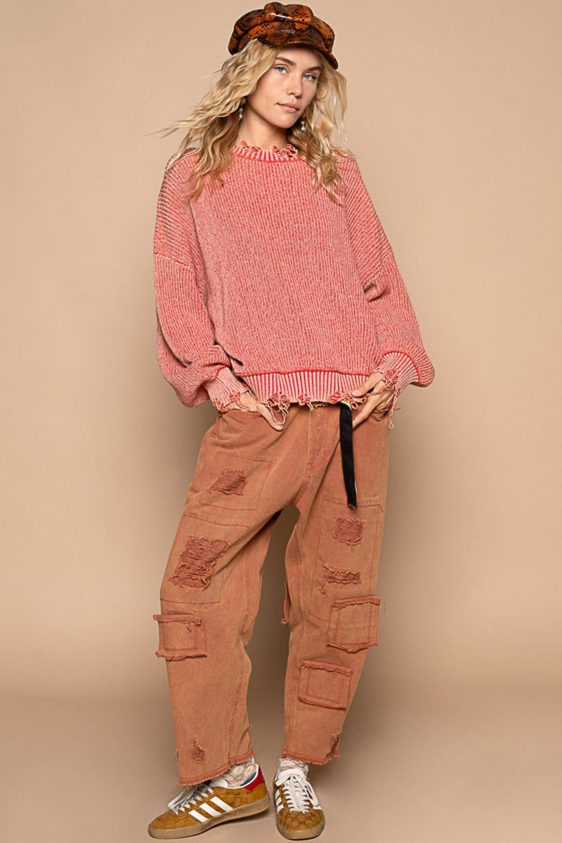 POL Distressed Washed Drop Shoulder Sweater