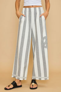 Umgee Peace Sign Patch Striped Wide Leg Pants