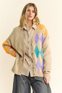 Davi & Dani Argyle V-Neck Dropped Shoulder Cardigan