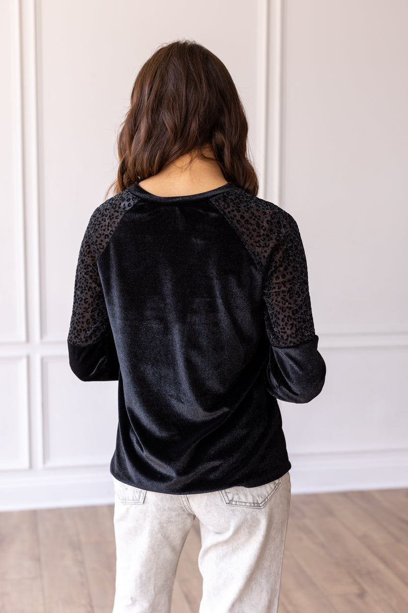 Black Velvet Top with Burnout Leopard Details