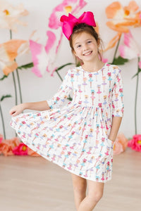 Ballerina Bows 3/4 Sleeve Pocket Twirl Dress